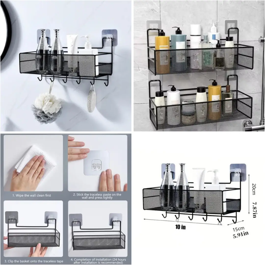 Self-Adhesive Wall-Mounted Iron Shelf With Hook - Image 2