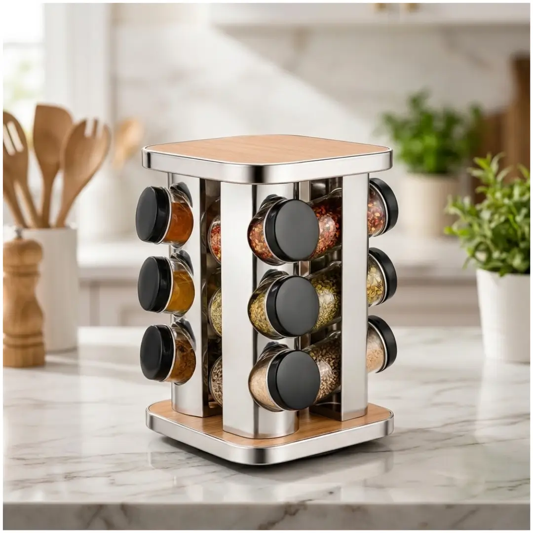 Wooden Stainless Steel Revolving Spice Rack