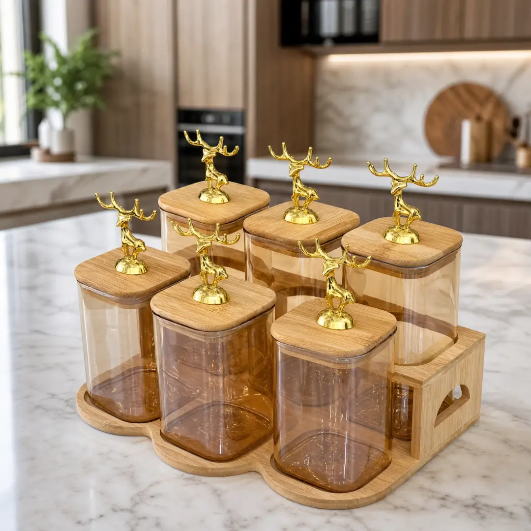 Diamond Storage Glass Jar Set with Wooden Stand - Image 2