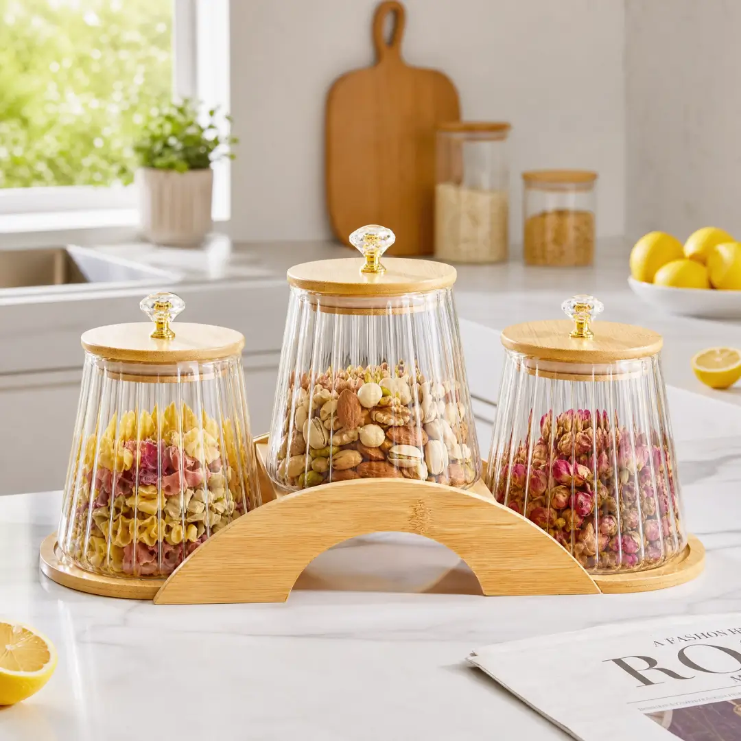 Gourd-Shaped Glass Storage Jar Set with Wooden Stand - Image 2
