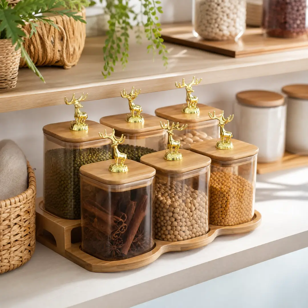 Diamond Storage Glass Jar Set with Wooden Stand - Image 3