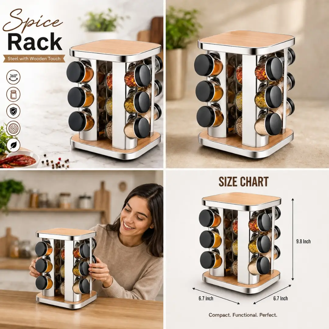 Wooden Stainless Steel Revolving Spice Rack - Image 2
