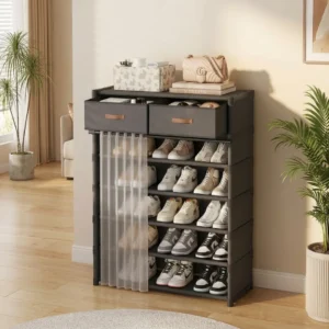 Curtain Shoe Rack With Double Drawer