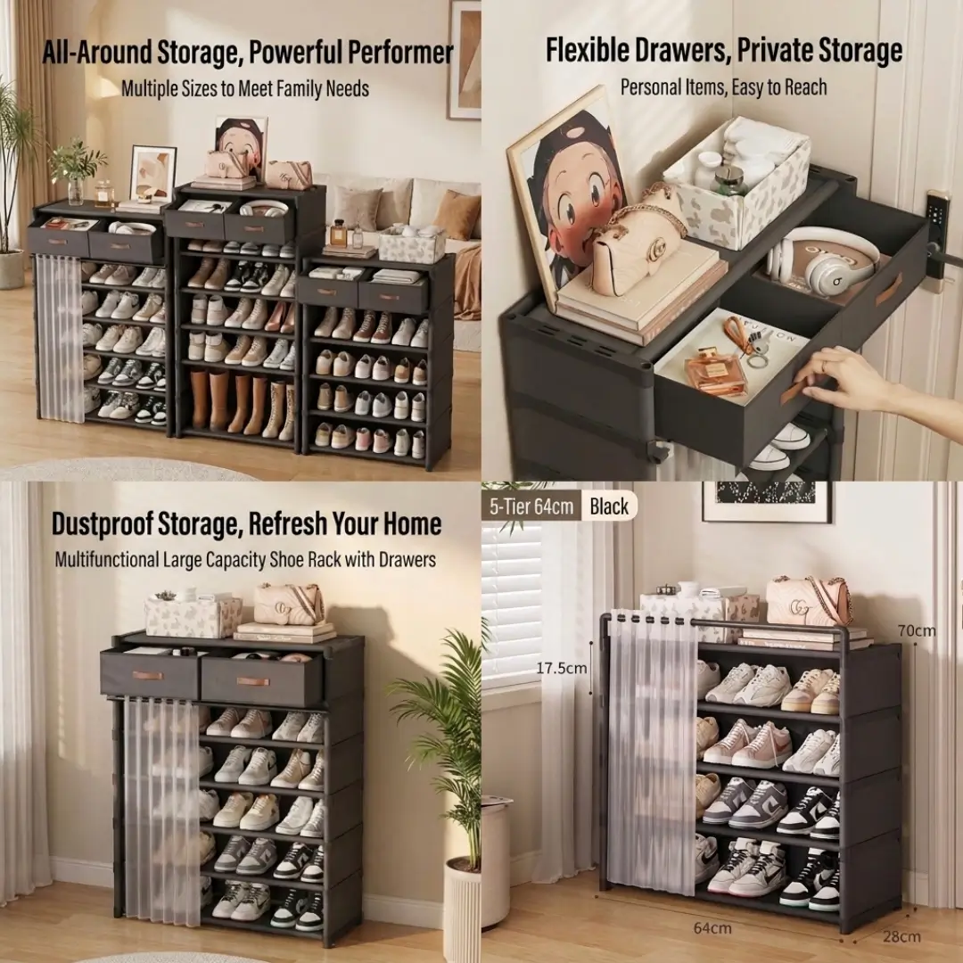 Curtain Shoe Rack With Double Drawer - Image 2