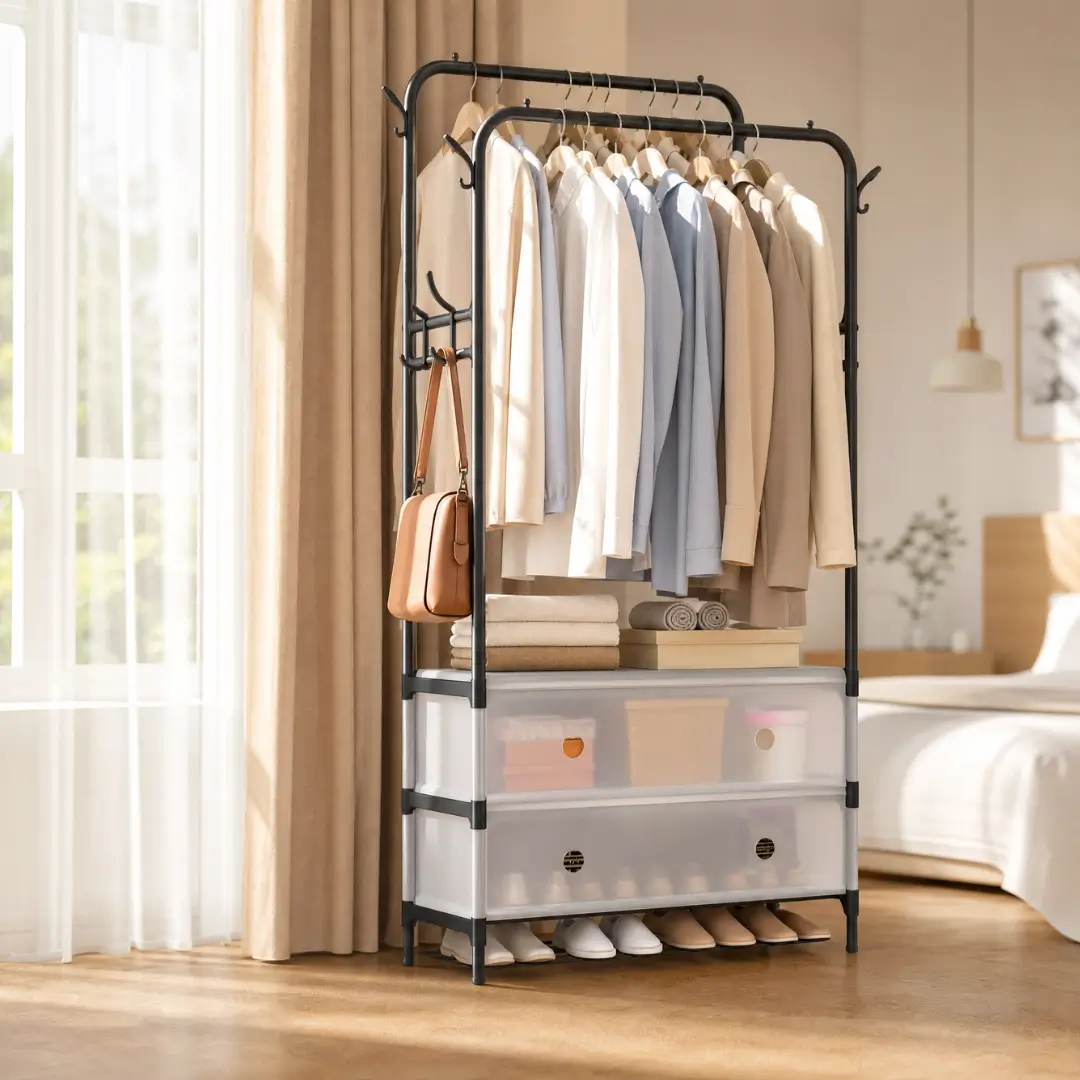 Double pole cloth stand with covered Shoe Rack - Image 2
