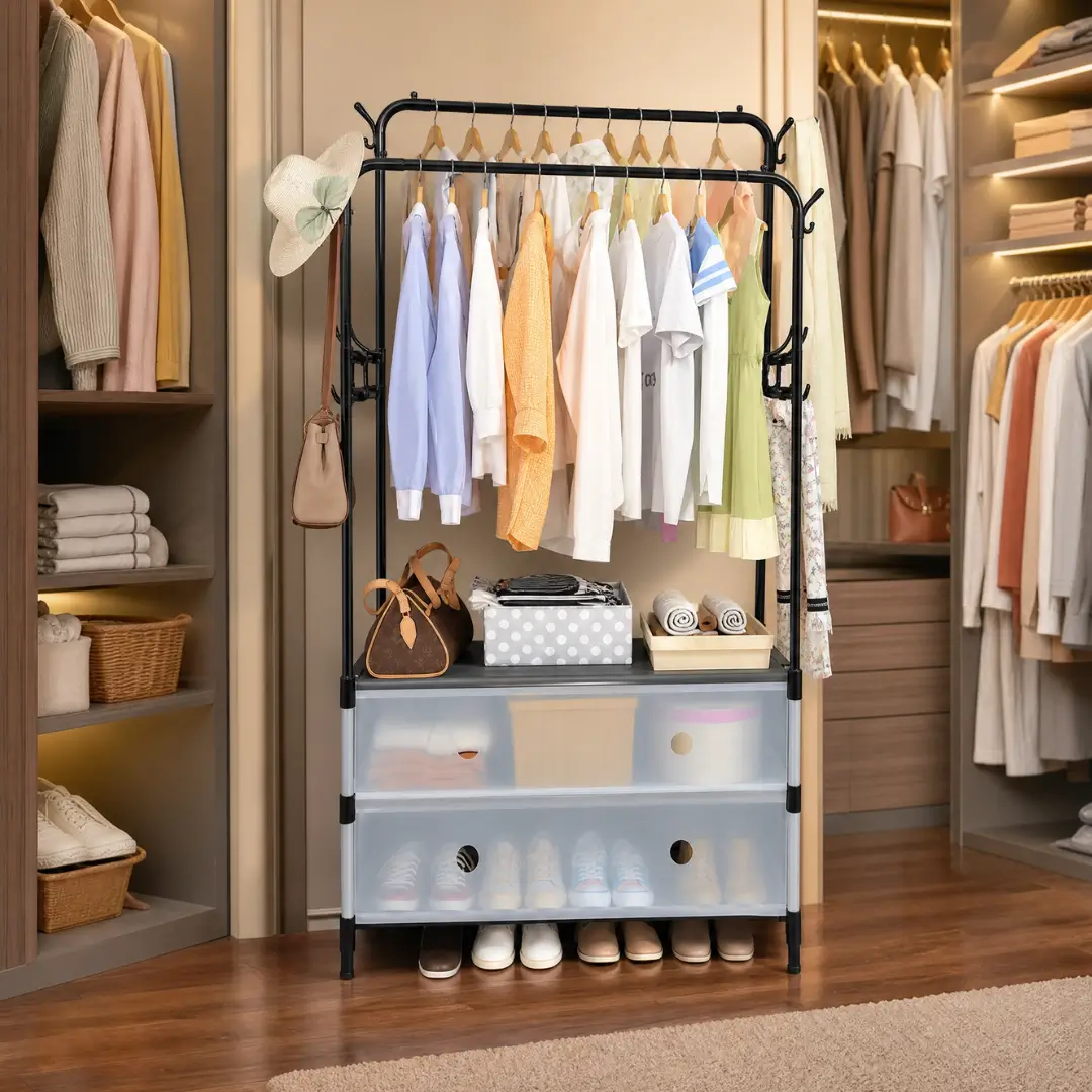 Double pole cloth stand with covered Shoe Rack - Image 3