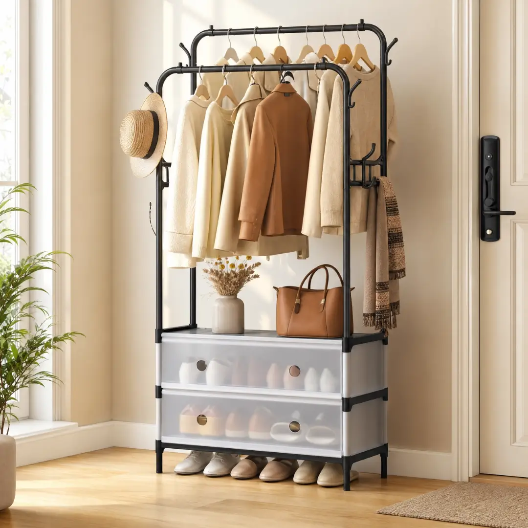 Double pole cloth stand with covered Shoe Rack - Image 4